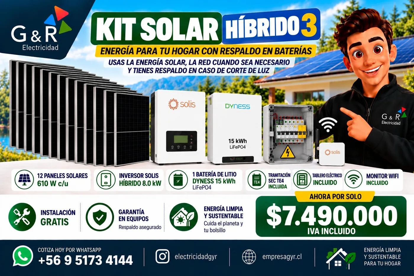 Ficha del Kit Solar Híbrido 3: 12 paneles, inversor Solis híbrido 8,0 kW, batería Dyness 15 kWh