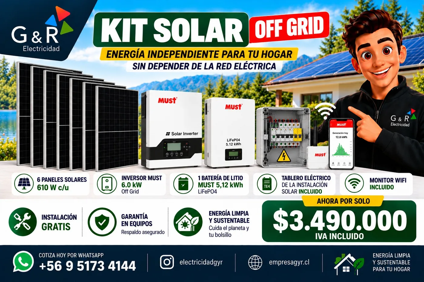 Ficha del Kit Solar 1 Off Grid: 6 paneles, inversor Must 6,0 kW off grid, batería Must 5,12 kWh