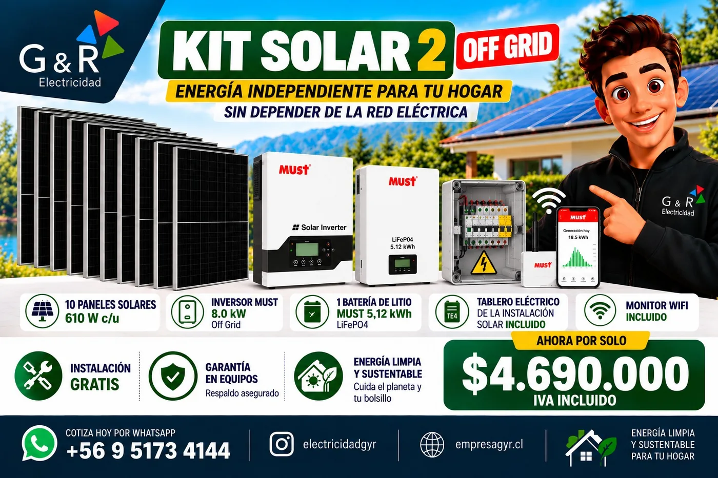 Ficha del Kit Solar 2 Off Grid: 10 paneles, inversor Must 8,0 kW off grid, batería Must 5,12 kWh