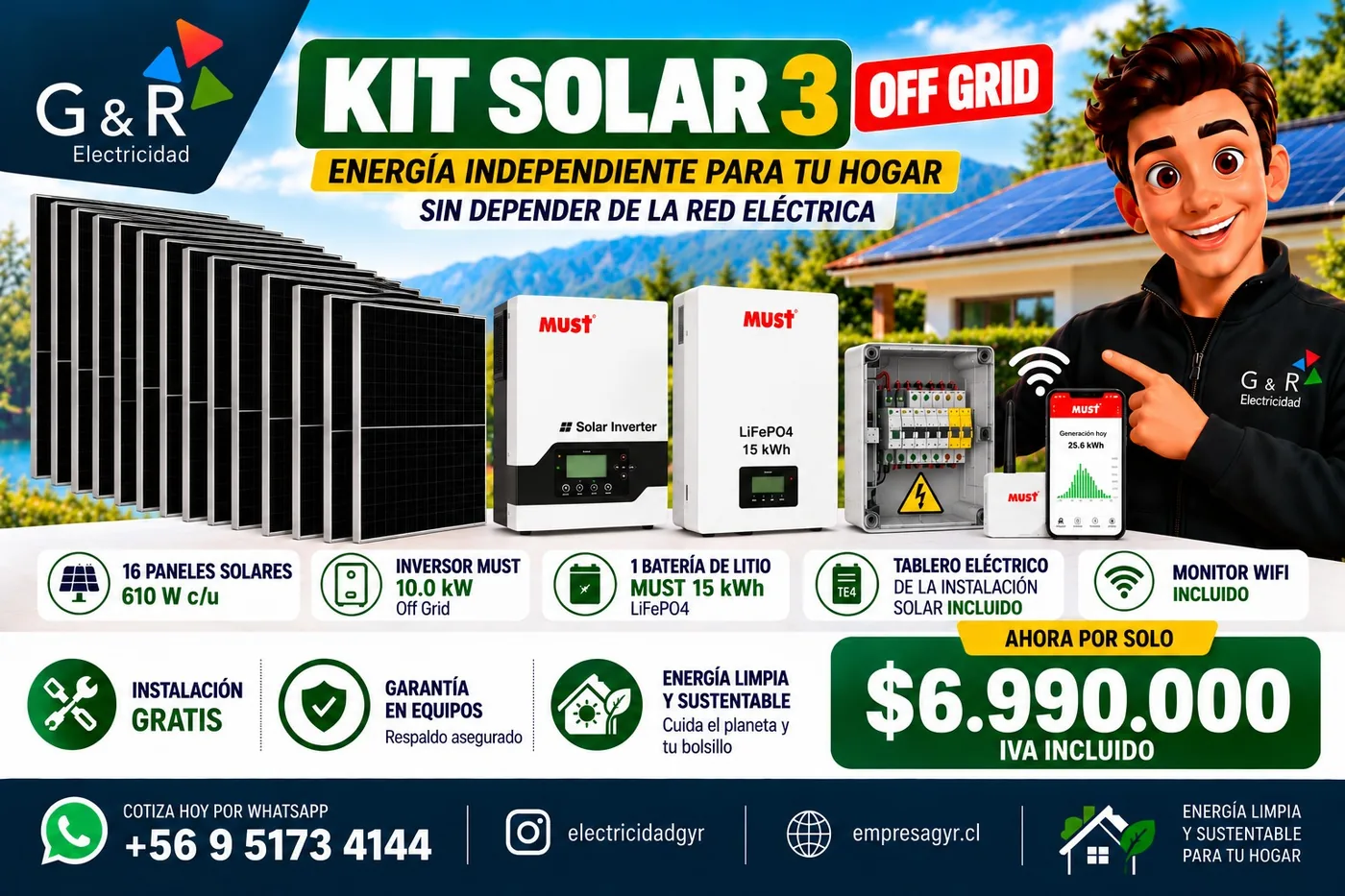 Ficha del Kit Solar 3 Off Grid: 16 paneles, inversor Must 10,0 kW off grid, batería Must 15 kWh