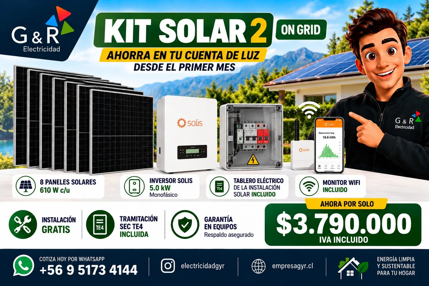 Ficha del Kit Solar 2 On Grid: 8 paneles, inversor Solis 5,0 kW monofásico