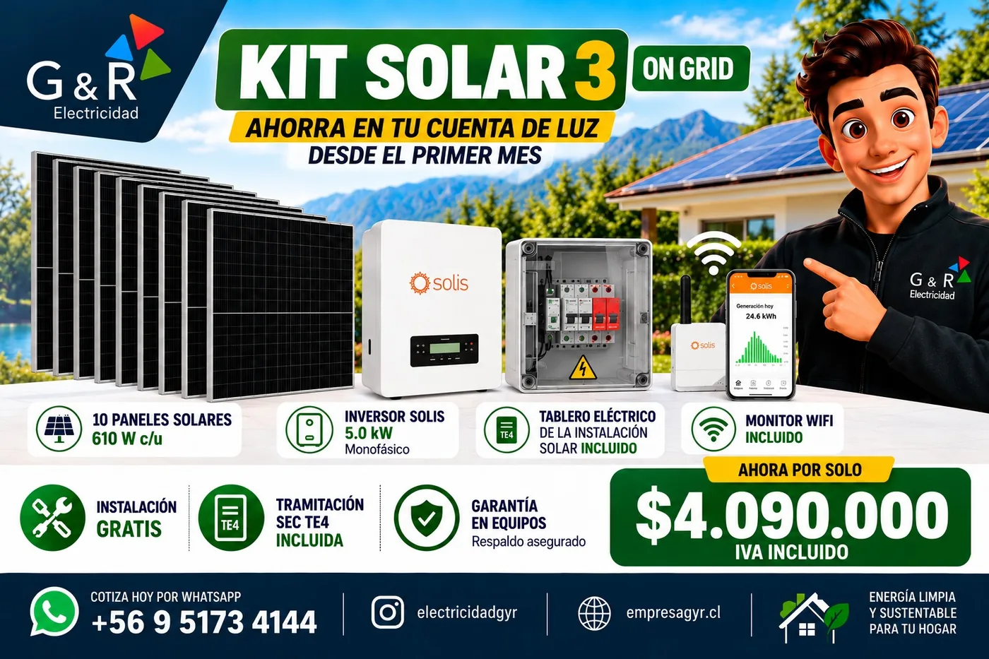 Ficha del Kit Solar 3 On Grid: 10 paneles, inversor Solis 5,0 kW monofásico