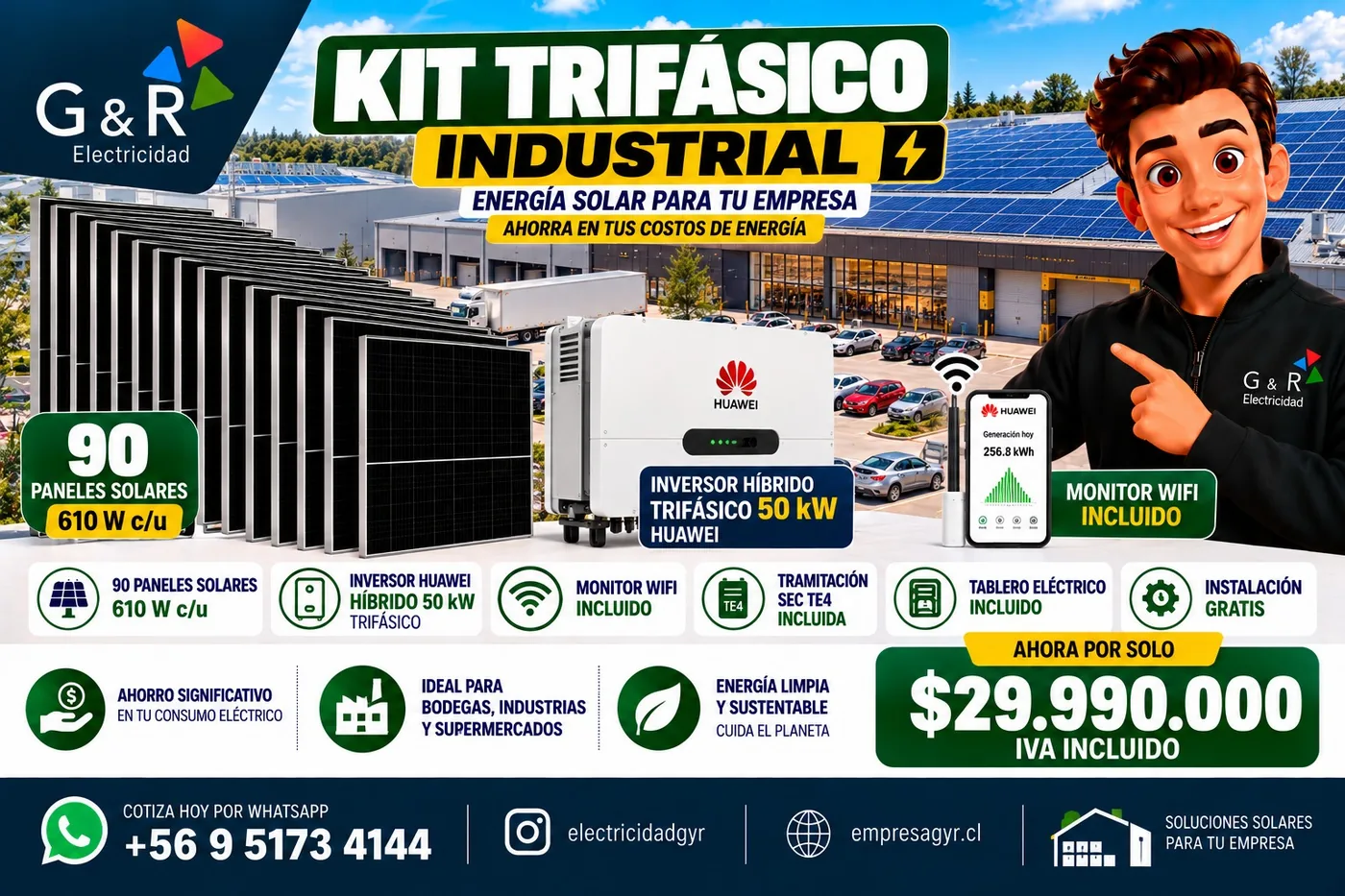 Ficha del Kit Trifásico Industrial: 90 paneles, inversor Huawei híbrido trifásico 50 kW